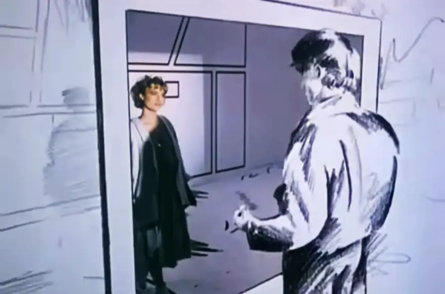 A woman stands inside a picture frame, looking at a man drawn in a black and white sketch style, set against a background that blends drawing and reality.
