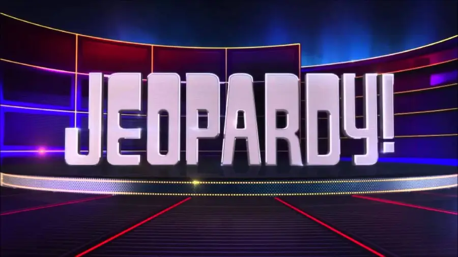 The JEOPARDY! game show logo is displayed in bold, white, 3D letters against a colorful, illuminated background resembling the show's set.
