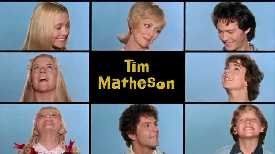 A grid of seven people smiling in separate boxes surrounds a center box with "Tim Matheson" written in yellow on a blue background.