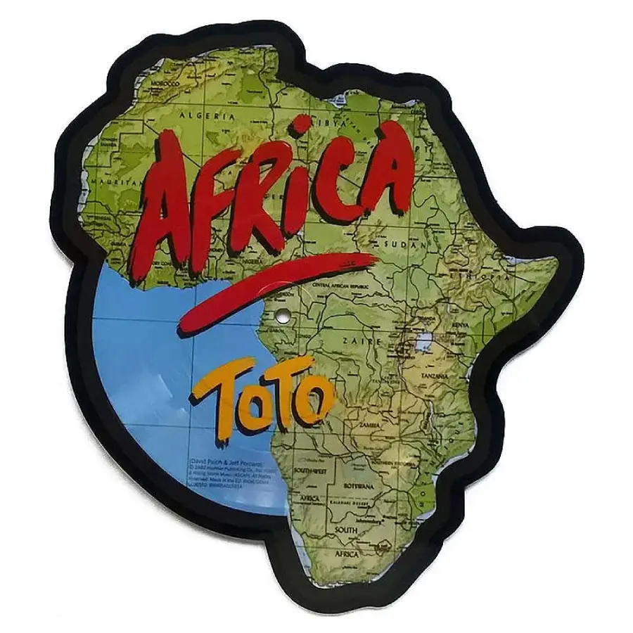 A map of Africa with the words “AFRICA” in red and “Toto” in yellow handwritten across it, referencing the song “Africa” by Toto.