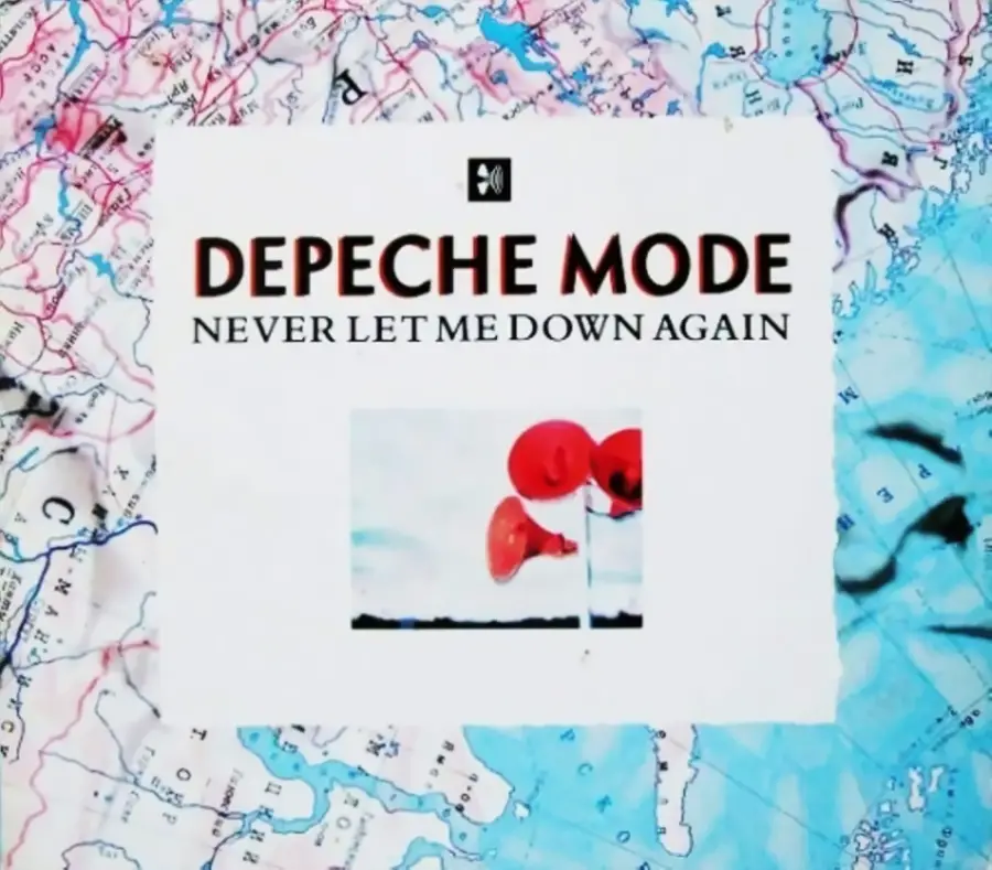 A Depeche Mode "Never Let Me Down Again" cover features red balloons above a map background, with the song title and band name in bold black and red text.