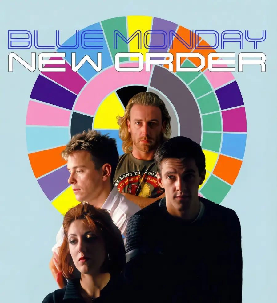 Four people pose in front of a colorful, circular geometric background. Text at the top reads "Blue Monday" and "New Order" in blue and white fonts.