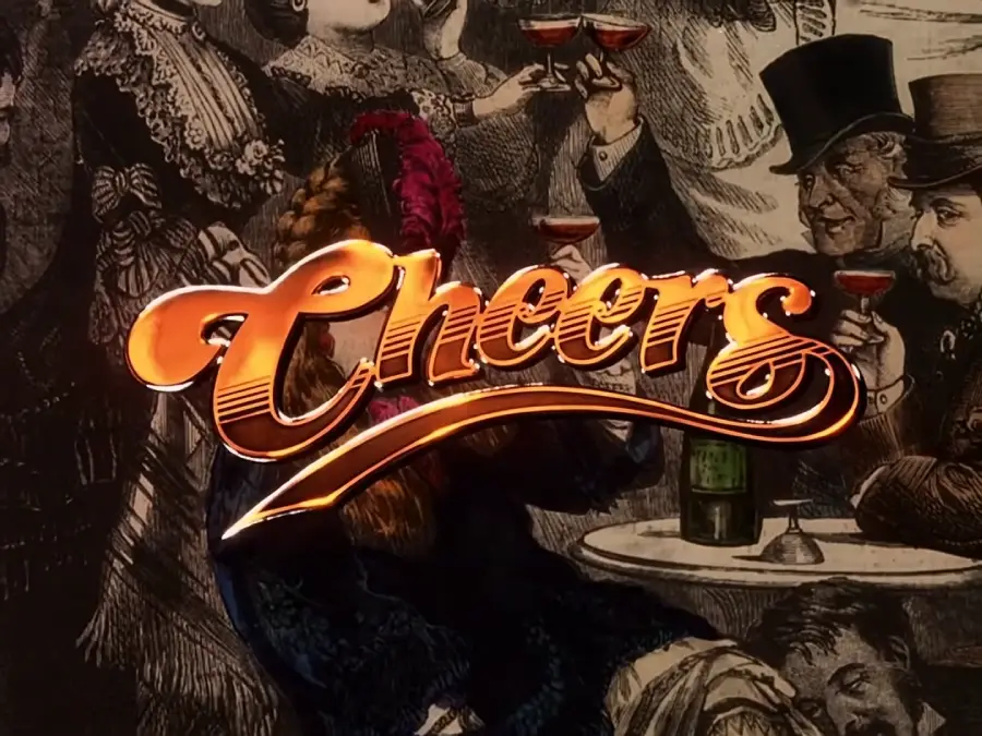 Golden "Cheers" text over a vintage illustration of people in formal attire raising glasses for a toast at a bar or social gathering.