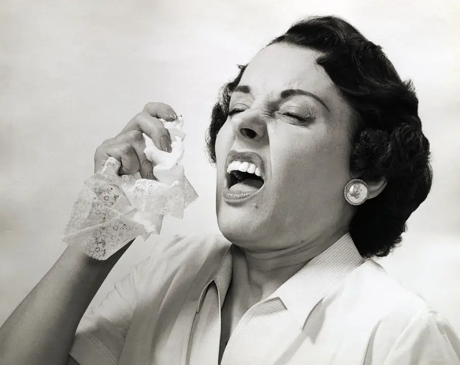 A woman with short dark hair holds a handkerchief and appears to be mid-sneeze, with her eyes closed and mouth open wide, wearing a light blouse and earrings.