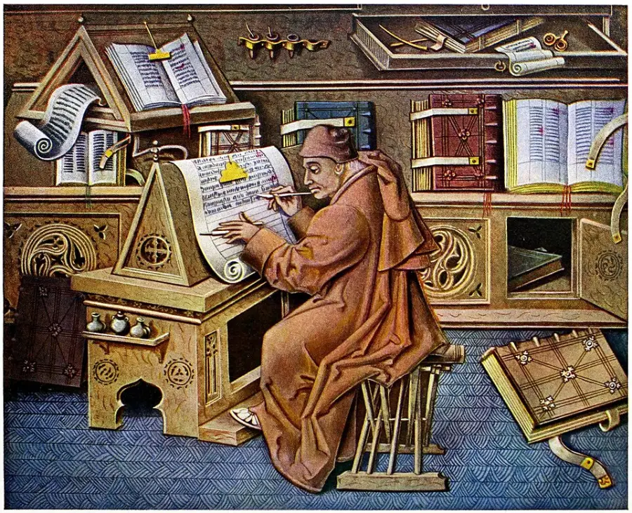 A medieval scribe in a brown robe writes on a scroll at a wooden desk, surrounded by open books, scrolls, ink pots, and shelves filled with manuscripts in a richly decorated study.