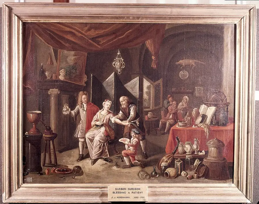 A painting of a barber-surgeon tending to a woman’s arm while others watch. The room has tools, jars, books, and people engaged in various tasks. The scene is detailed and set in an old-fashioned interior.