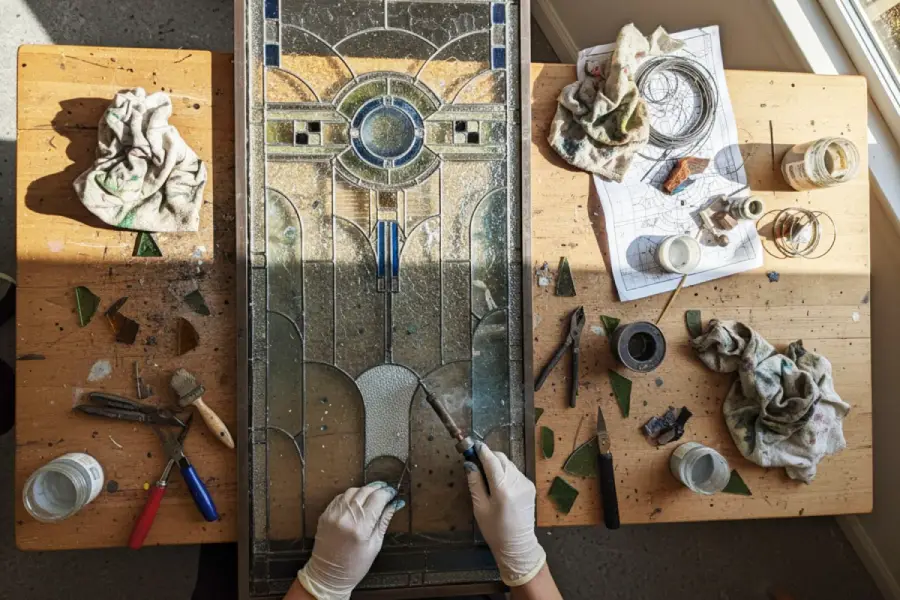 A person wearing gloves works on a stained glass panel, surrounded by tools, glass shards, cleaning cloths, water jars, wire, and a design sketch on a sunlit wooden table.