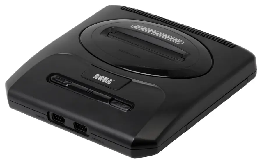 A black Sega Genesis video game console with cartridge slot, power and reset buttons, and two controller ports on the front.