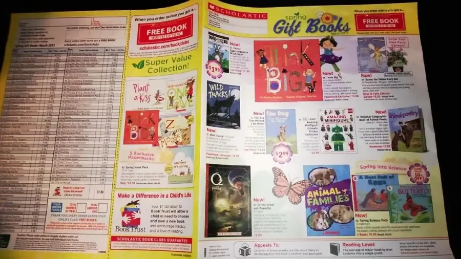A Scholastic book order form featuring colorful images of children's books, pricing, and ordering information, with sections for gift books, super value collection, and a detailed book list on the left side.
