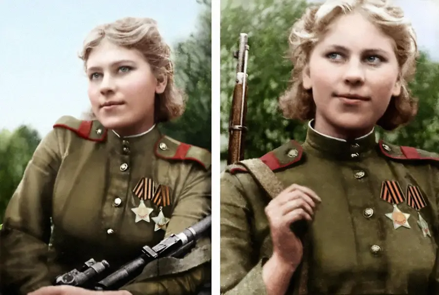 Two women in Soviet military uniforms with medals and rifles, outdoors with greenery in the background, looking off to the side in both colorized portraits.