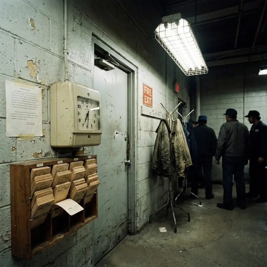 A dimly lit industrial break room with a punch clock, rows of time cards, coats hanging on a rack, and three people in work uniforms standing near a door marked "Fire Exit." The walls are worn and paint is peeling.