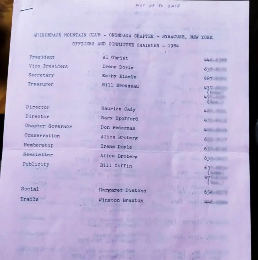 A typed list from 1964 titled "Adirondack Mountain Club - Onondaga Chapter Officers and Committee Chairmen" with names, roles, and phone numbers, partially blurred for privacy, on a white paper sheet.