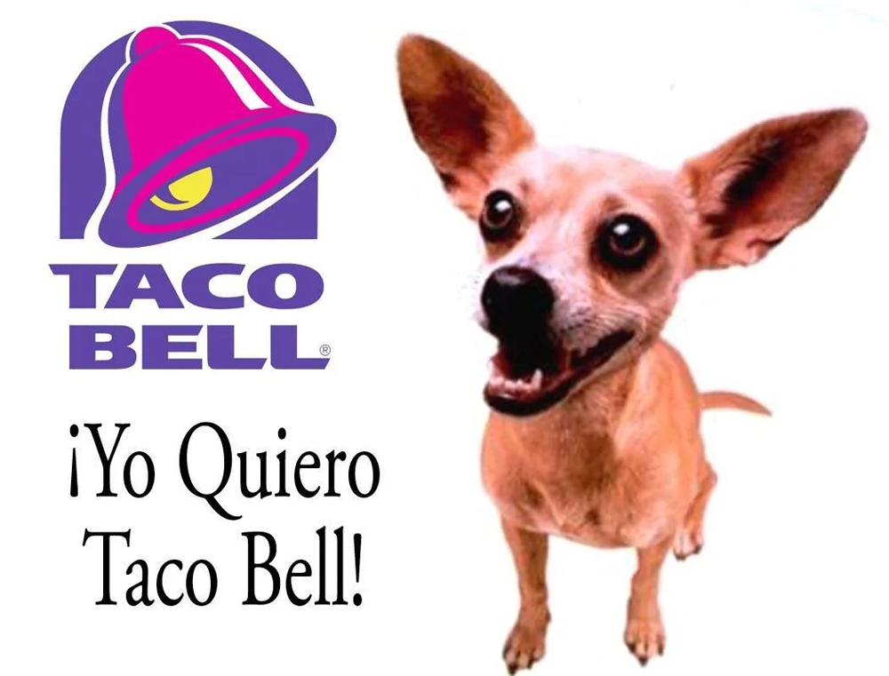A small, happy chihuahua stands next to the Taco Bell logo with the phrase “¡Yo Quiero Taco Bell!” written below in bold black letters.
