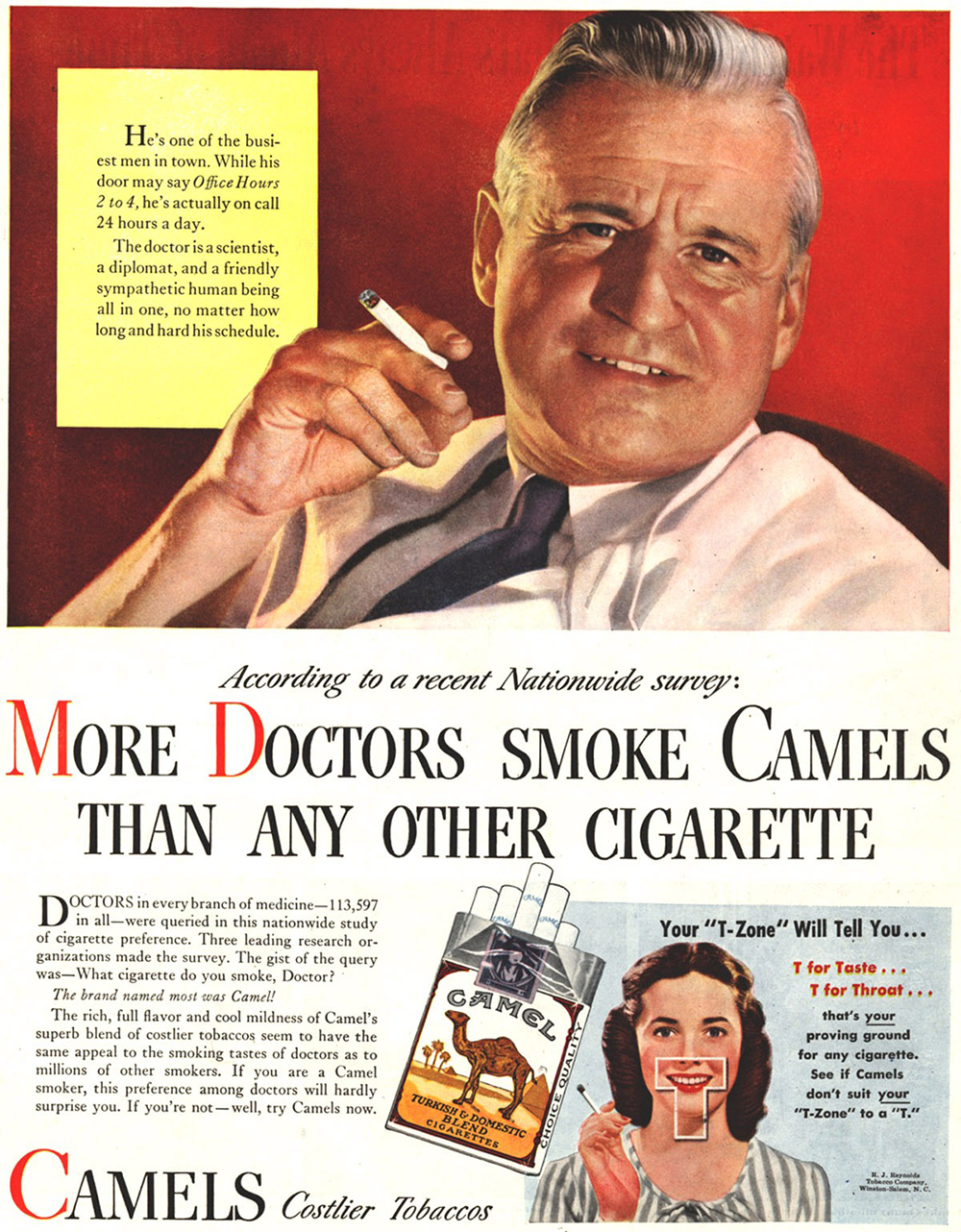 A smiling gray-haired man in a suit smokes a Camel cigarette. Below, text claims more doctors smoke Camels, with an image of a Camel cigarette pack and a woman holding a sign saying “I-Zone will tell you!”