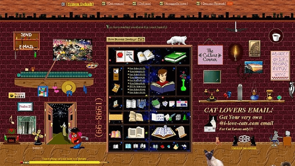 A cluttered, colorful, early-2000s style website with cat images, books, neon signs, a brick wall background, and nostalgic pixel-art graphics. A black menu is centered, and quirky icons decorate the entire page.