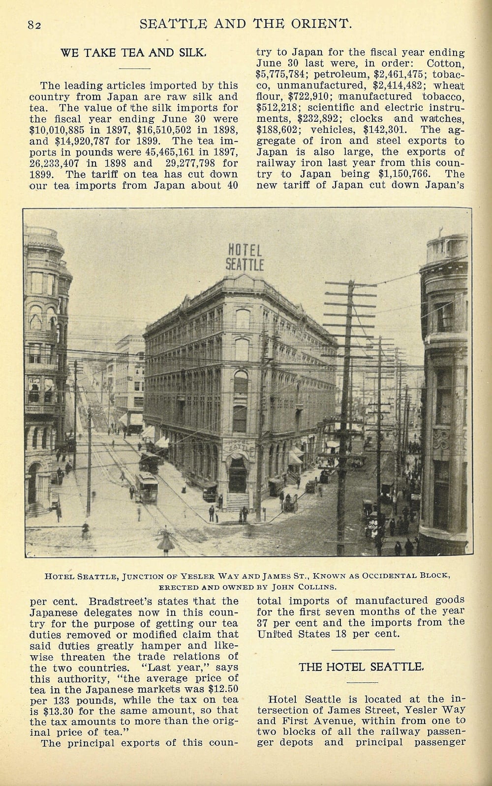 Black-and-white photo of the Hotel Seattle, a multi-story building at the corner of Yesler Way and James St. in Seattle, with people and horse-drawn carriages on the street in front.