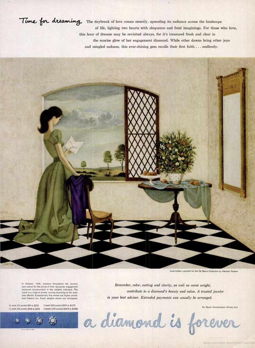 A woman in a dark dress stands by an open window, reading a letter. Outside is a garden with trees and flowers. A table with a purple cloth, a vase of flowers, and a chair are in the room with black-and-white checkered flooring.