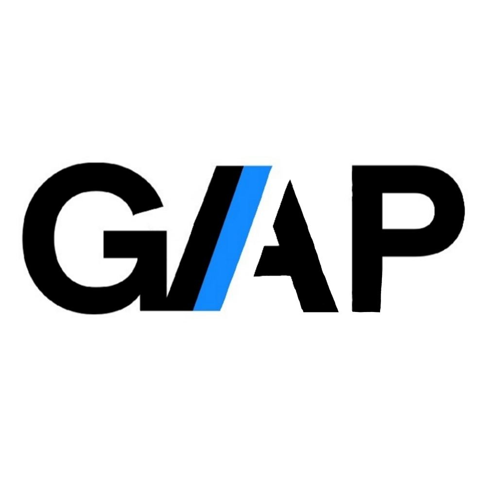 The word “GAP” is written in bold black letters, with a blue diagonal line separating the “G” and “A”, replacing the vertical line in the letter “A”. The background is white.