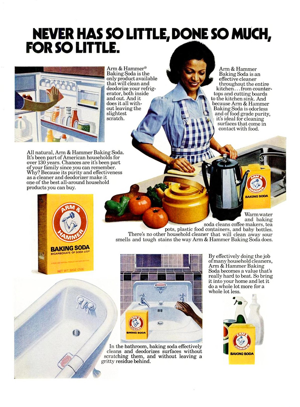 A woman in a blue apron uses Arm & Hammer Baking Soda for cleaning in the kitchen. The ad shows the product box, a sparkling coffee pot, and hands scrubbing a sink with baking soda. Text describes its various household uses.
