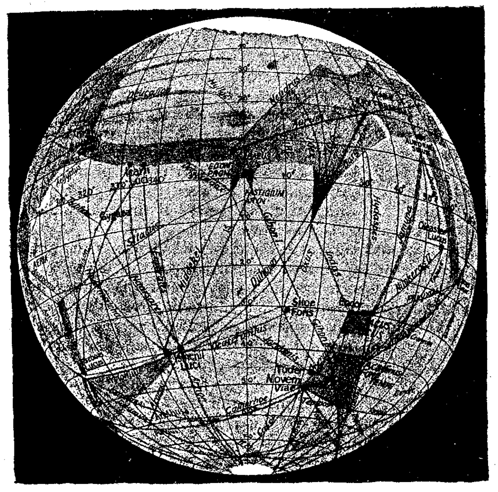 A black-and-white, vintage map of Mars shows labeled regions, grid lines, and various markings, depicting canals and surface features as seen through early telescopic observations.