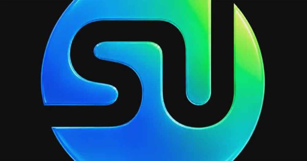 A circular logo with blue and green gradient colors features a stylized black “SU” design in the center on a black background.