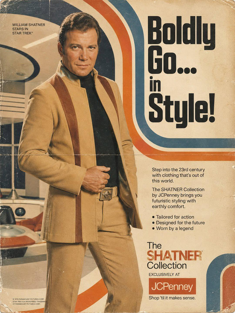 A man in a beige and brown futuristic suit stands confidently in a retro sci-fi room, promoting the “Shatner Collection” at JCPenney with the slogan “Boldly Go... in Style!” and bold, colorful graphics.