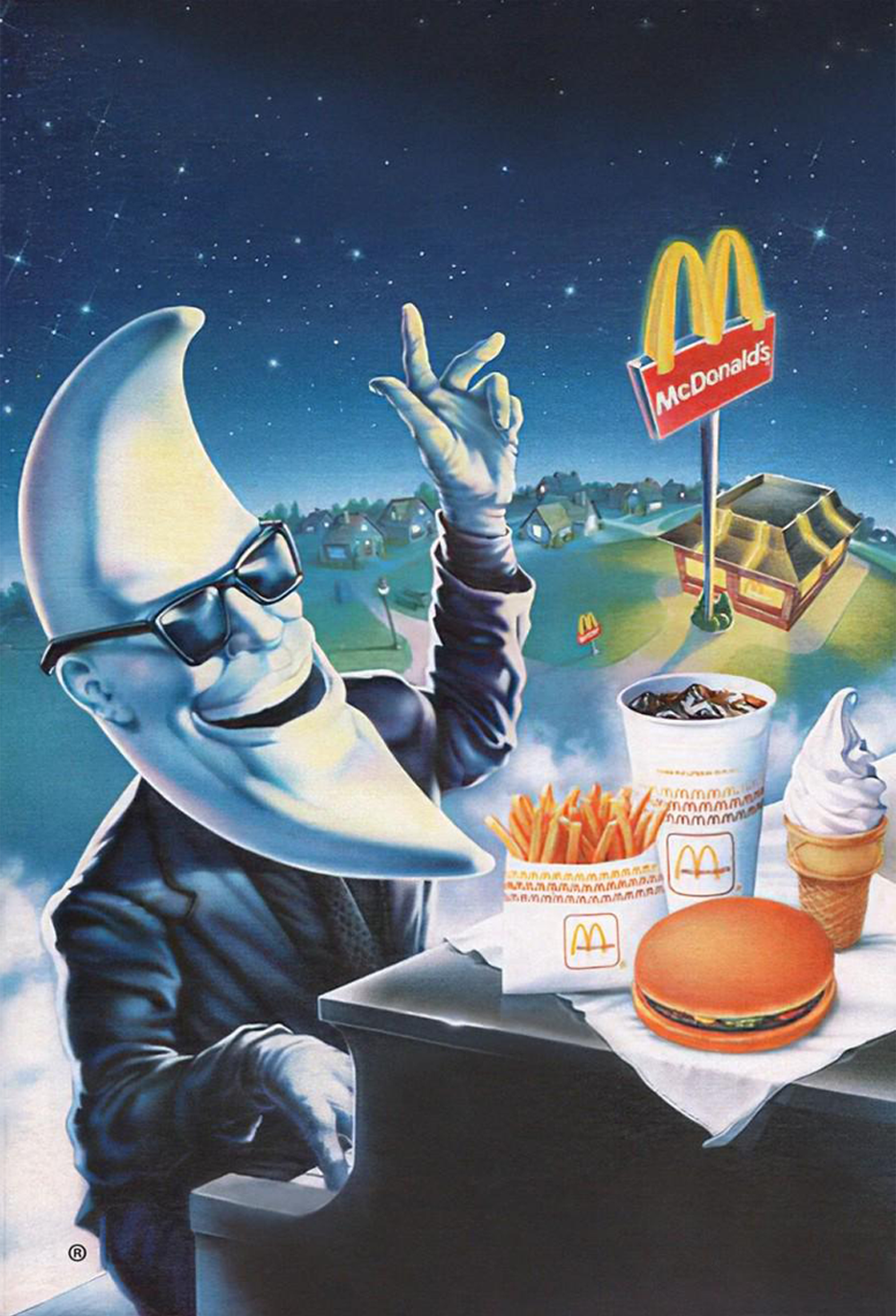 A character with a crescent moon head in sunglasses plays piano with McDonald’s food nearby; in the background is a McDonald’s restaurant at night under a starry sky.
