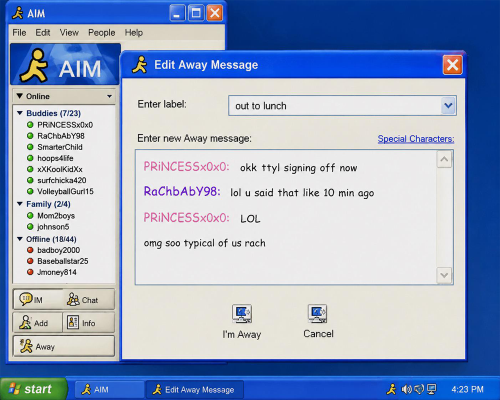 AIM window showing a user editing an away message to “out to lunch,” with a chat about logging off. Online buddies and family lists are visible, along with the Start menu and time 4:23 PM.