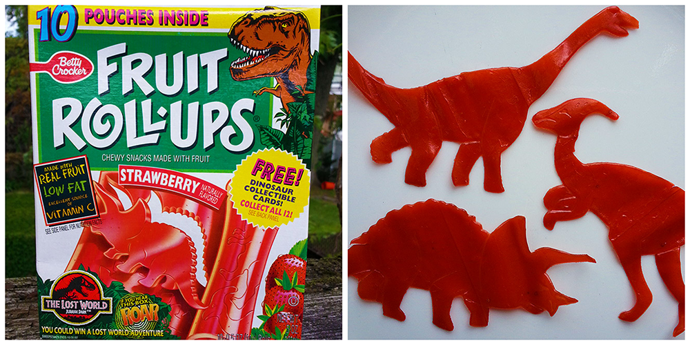 A Fruit Roll-Ups box with a dinosaur theme is on the left; on the right are dinosaur shapes cut out of red fruit roll-up snacks.