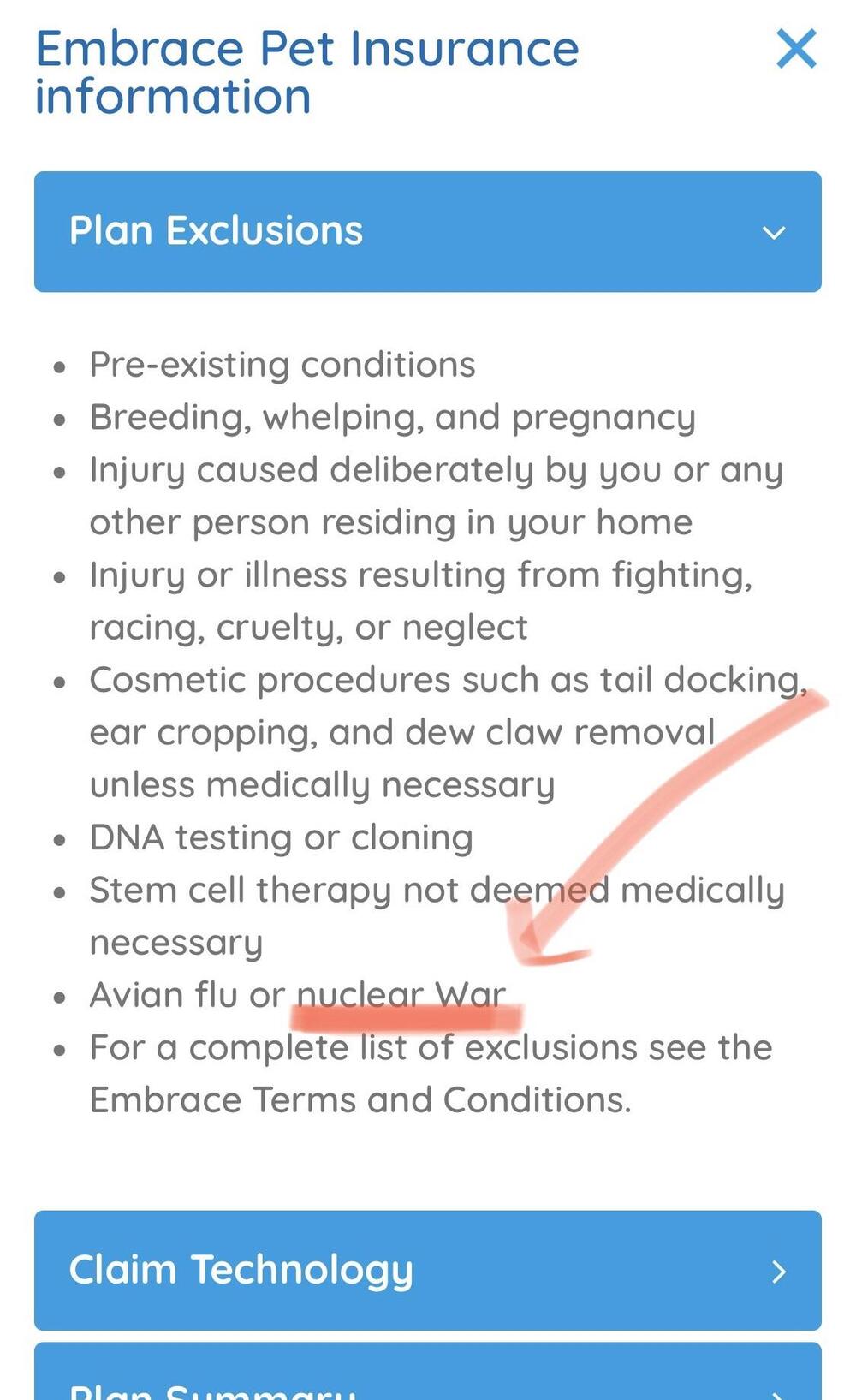 A list of pet insurance exclusions on a phone screen with a red arrow drawn under the words “nuclear War” in the phrase “Avian flu or nuclear War.”