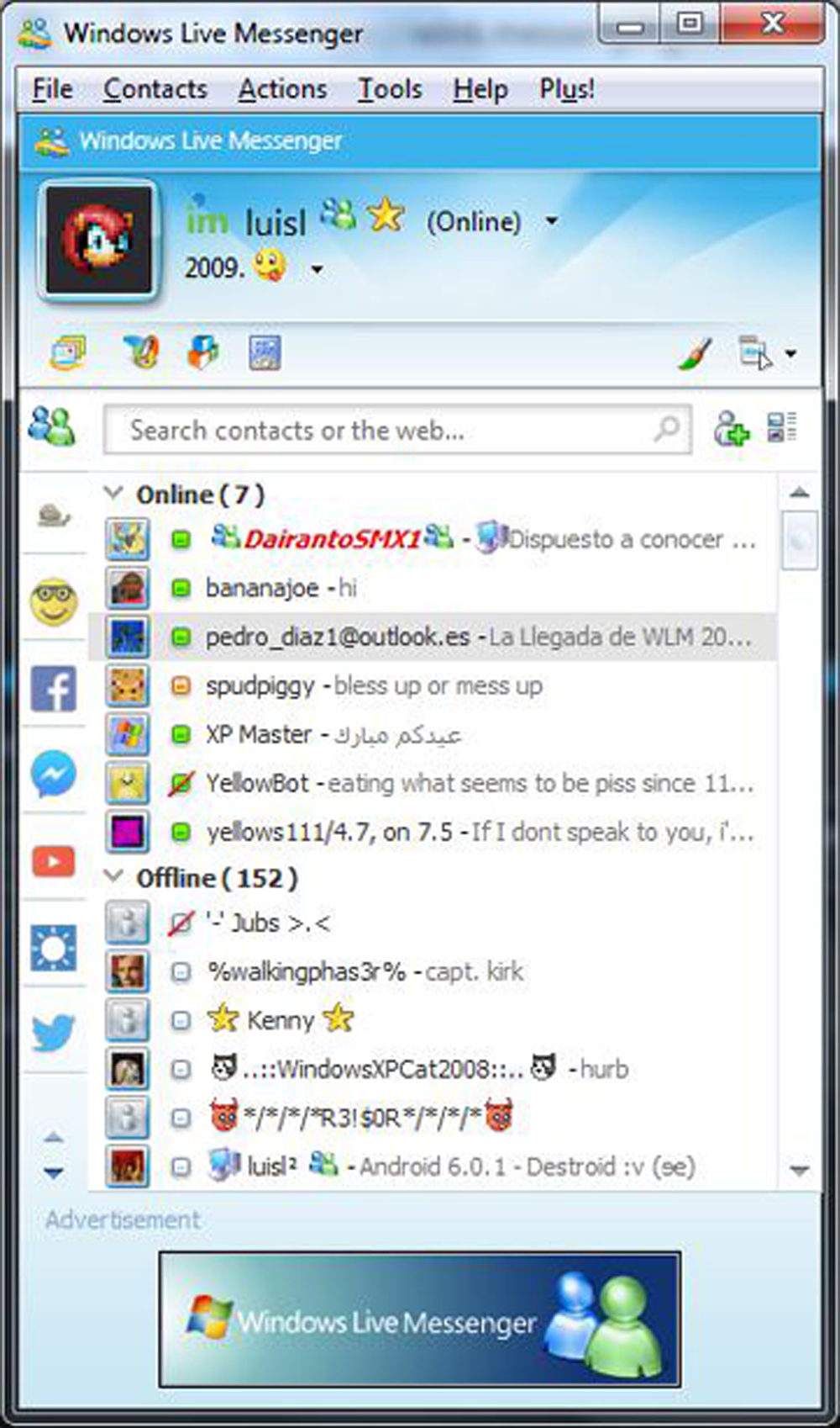 Screenshot of Windows Live Messenger showing user contacts list, online and offline statuses, display pictures, and status messages, with the main window open and classic 2000s interface design.
