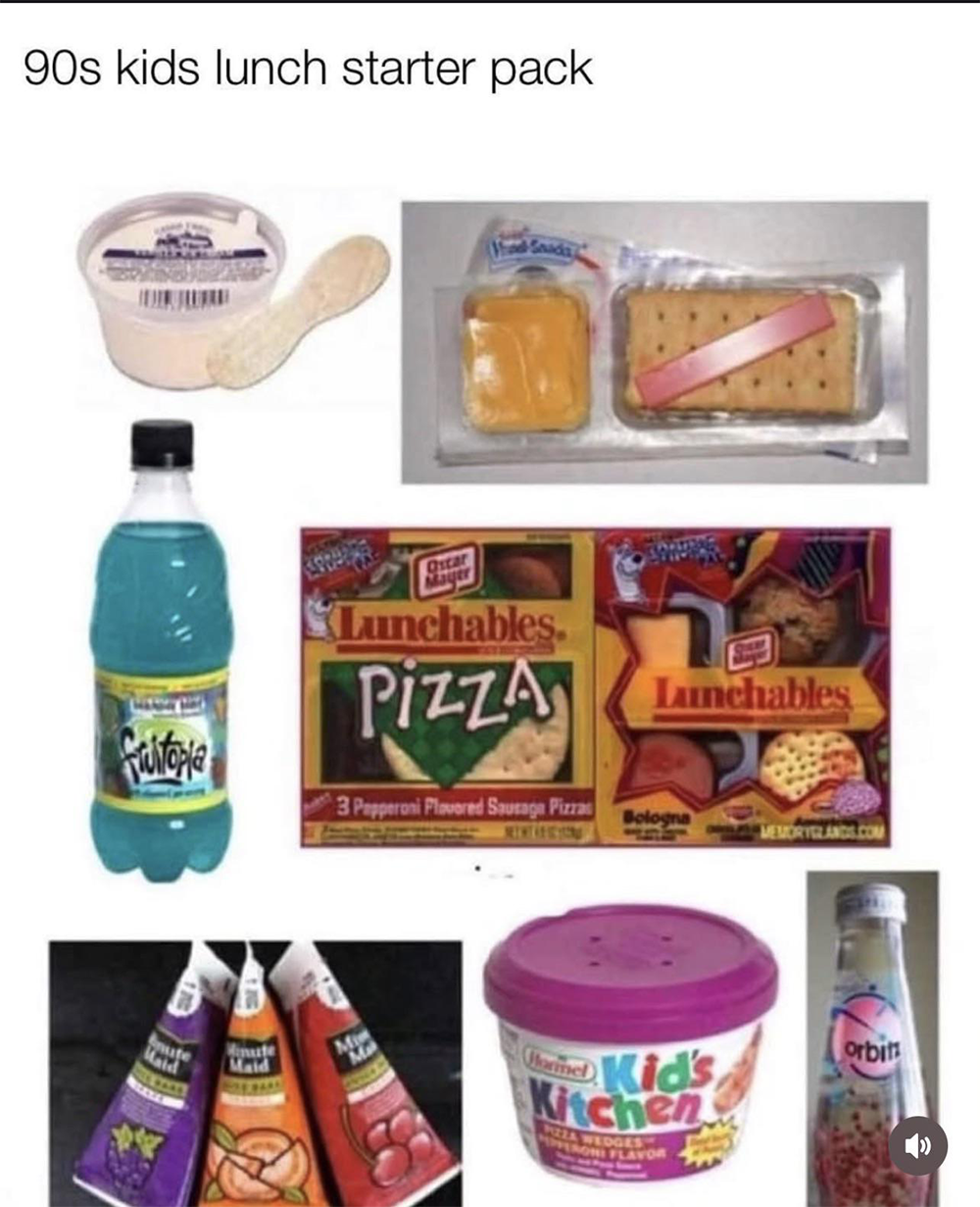 Various 90s kids’ lunch items, including pudding, crackers with cheese, Lunchables pizza and bologna, Fruitopia, yogurt tubes, and Orbitz drink with floating gelatin balls.