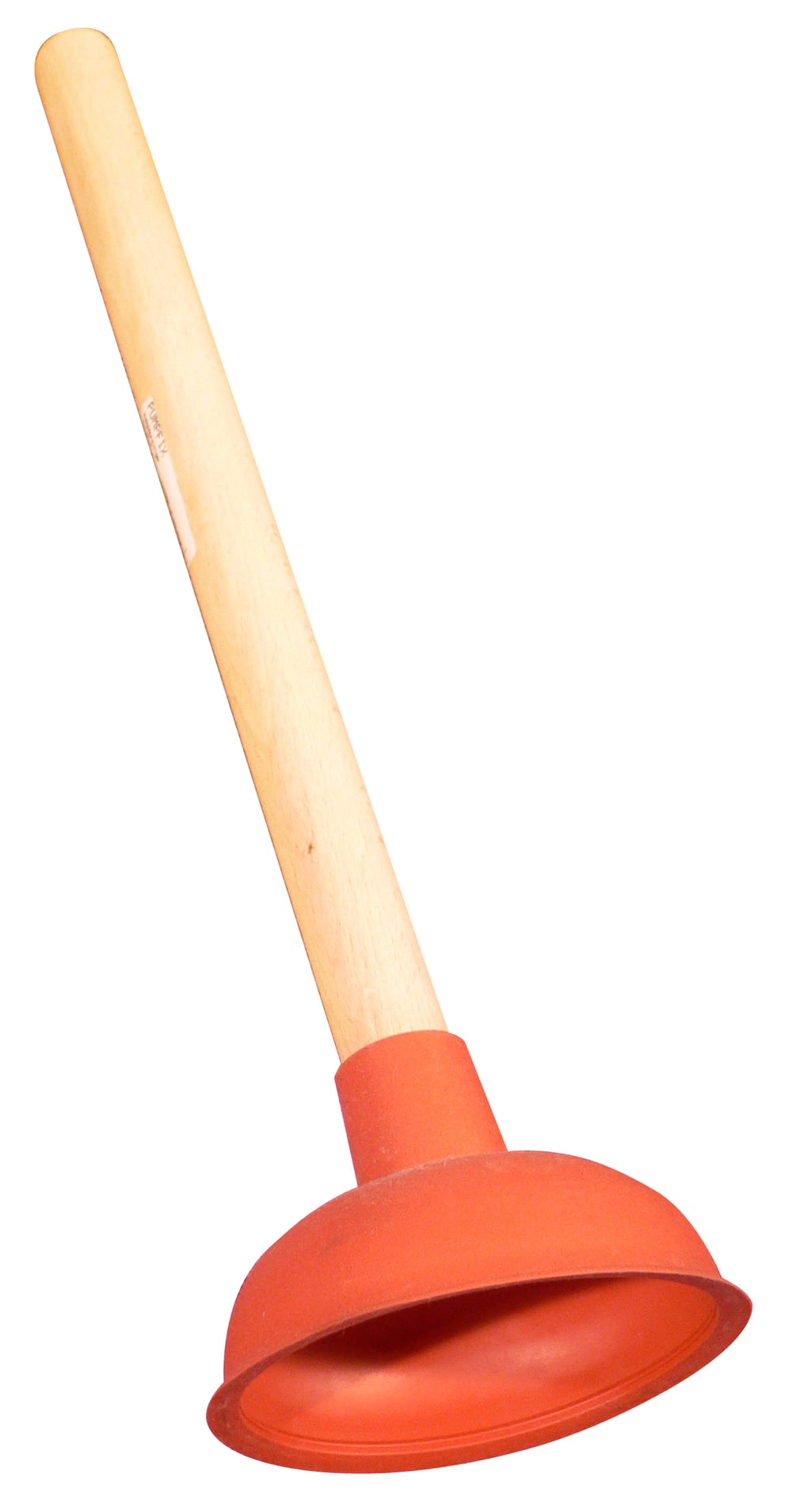 A red rubber plunger with a wooden handle, isolated on a white background.