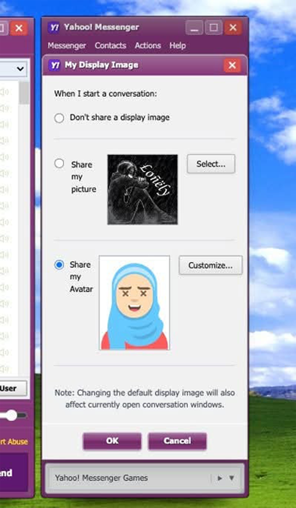 A Yahoo Messenger settings window shows display image options: “Share my picture” with a black and white image and “Share my Avatar” with a cartoon woman in a blue hijab, selected.