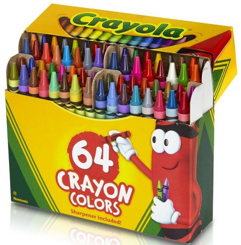 A box of 64 Crayola crayons, opened to show the colorful crayons inside. The box features a cartoon red crayon character holding crayons and text that says “64 Crayon Colors. Sharpener Included!”