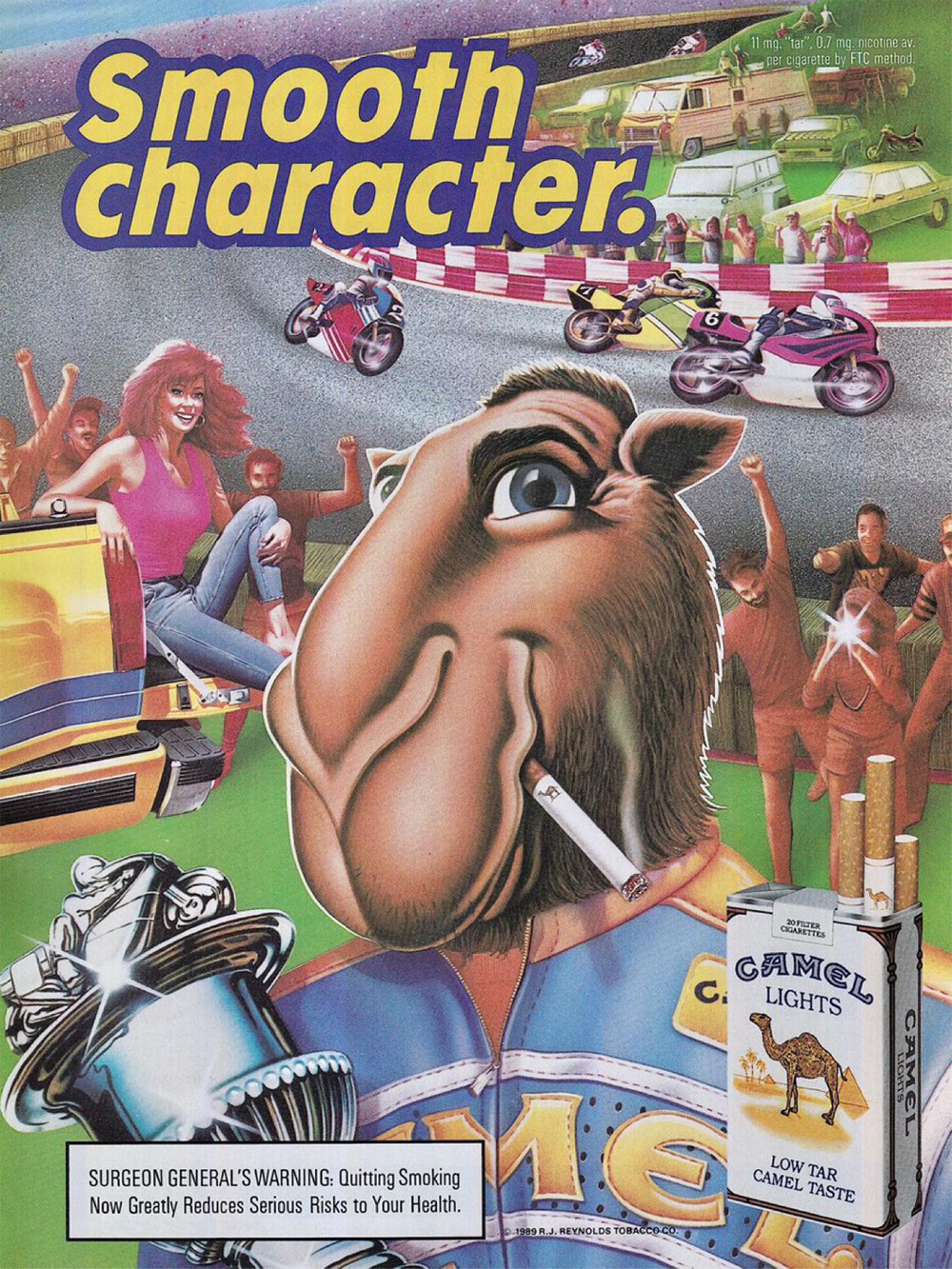 A cartoon camel in a leather jacket smokes a cigarette at a racetrack, with cheering fans and motorcycles in the background. “Smooth Character” text is above, and a Camel Lights cigarette pack is shown in the corner.