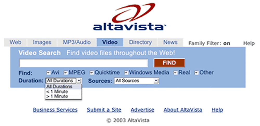 Screenshot of AltaVista’s video search page from 2003, showing options to search by video file type, duration, and source, with a navigation menu and the AltaVista logo at the top.