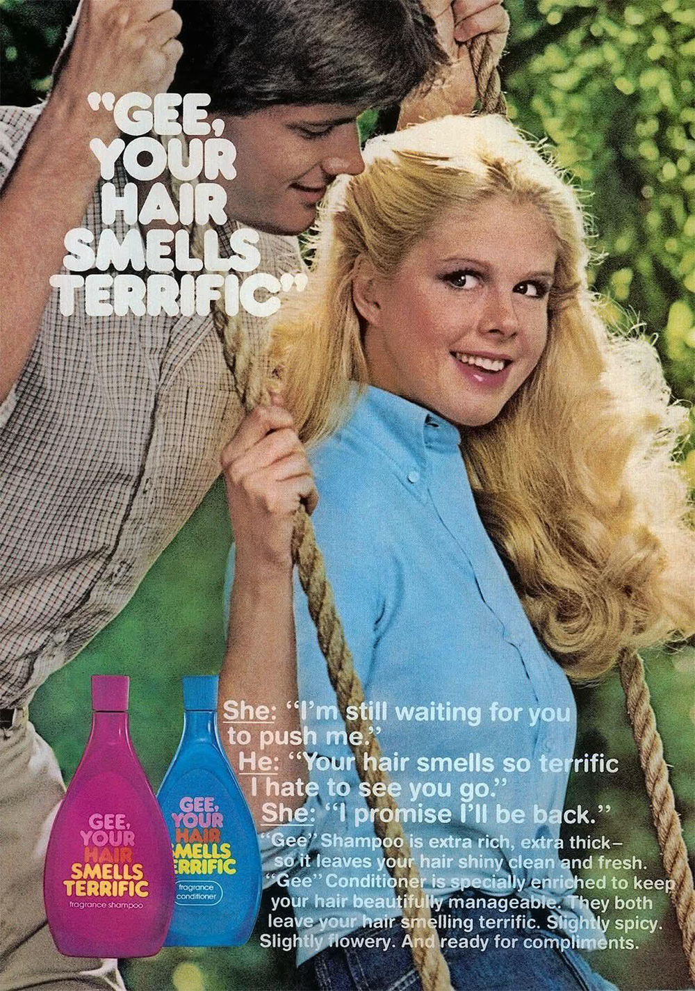 A smiling woman on a swing looks at the camera while a man pushes her from behind. In the foreground are two bottles of “Gee, Your Hair Smells Terrific” shampoo and conditioner. Text overlays the image.