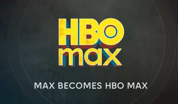 Yellow and blue “HBO max” logo above the words “MAX BECOMES HBO MAX” on a dark, textured background.