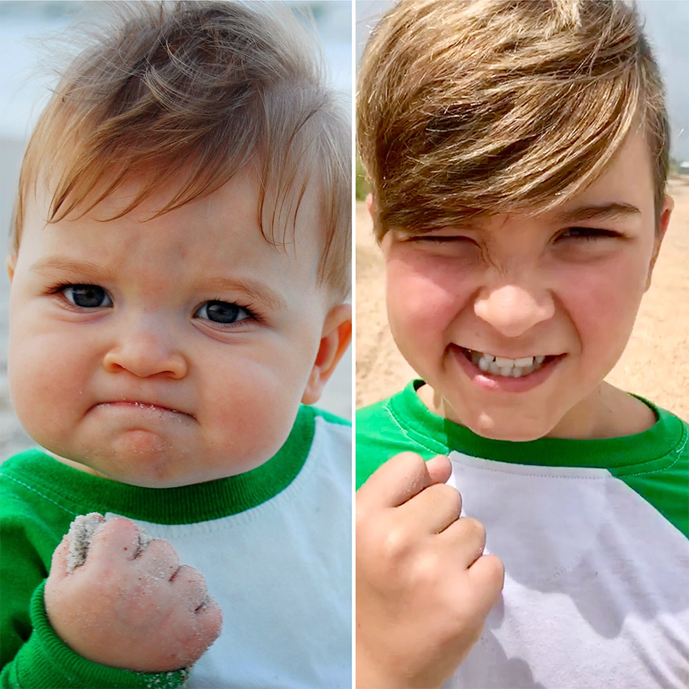 A split image: left shows a baby with a clenched fist, sandy hand, and determined face; right shows an older child in a similar pose and expression, wearing the same green and white shirt.