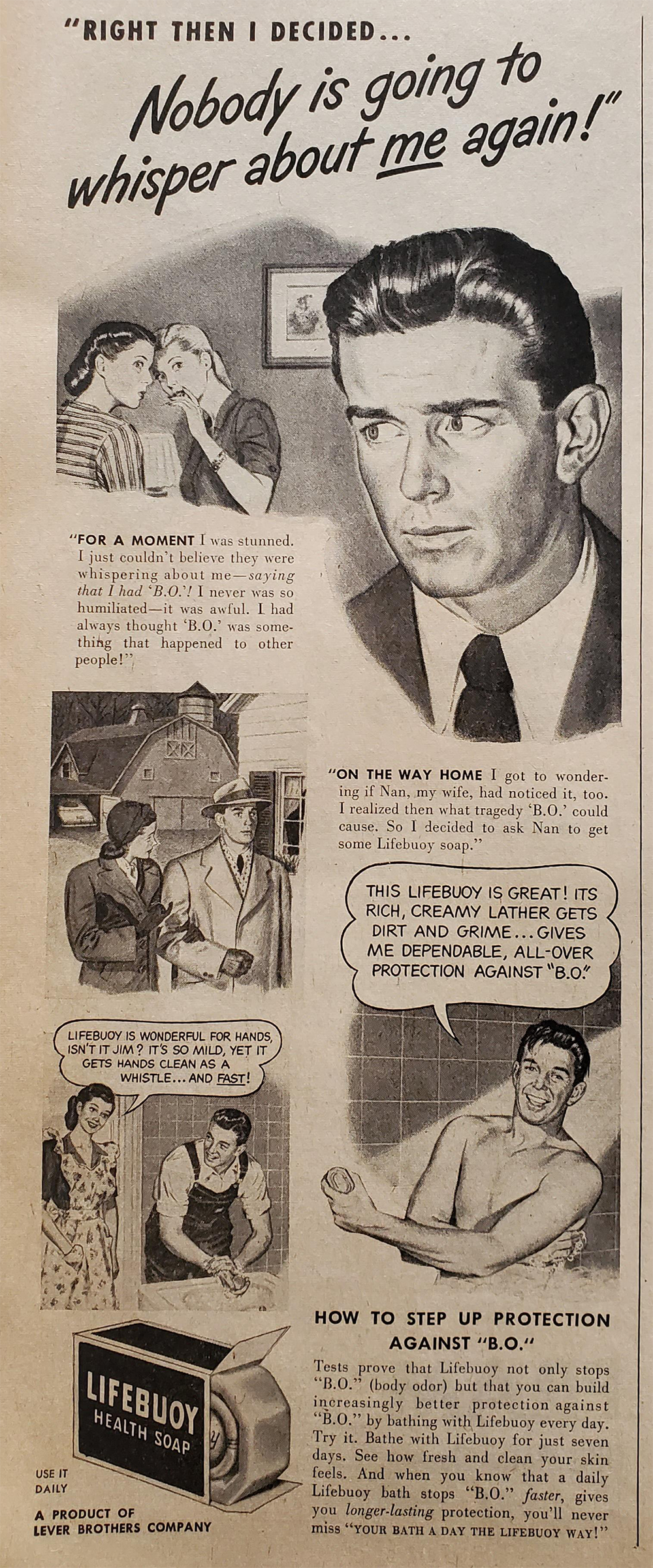A vintage black-and-white Lifebuoy soap ad features worried people, bold headlines, comic-style drawings, and text promoting the soap’s odor protection and creamy lather, ending with steps for bathing using Lifebuoy.