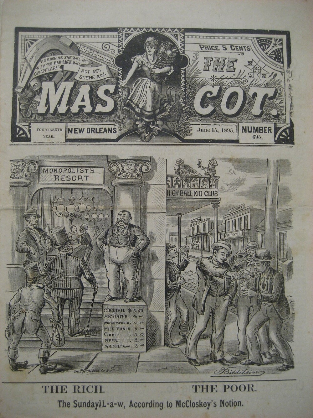 A vintage newspaper page shows “The Mascot” masthead, two scenes: “The Rich” in a fancy club, and “The Poor” outside in ragged clothes. Caption: “The SundayLi-a-w, According to McCloskey’s Notion.”