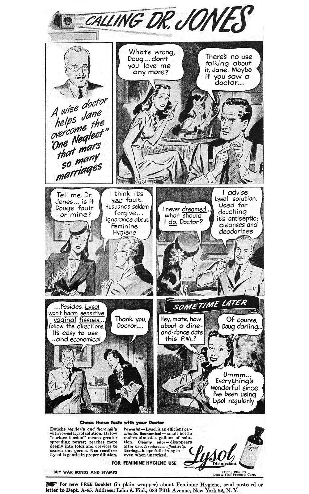 Black-and-white vintage comic ad for Lysol, showing a woman seeking advice from Dr. Jones about marital problems, discussing feminine hygiene, and later being happy with her husband after using Lysol. Text and illustrations throughout.