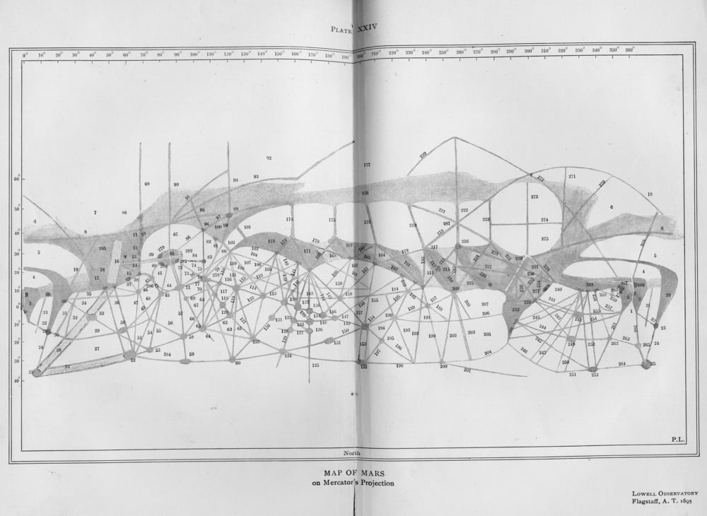 Black and white vintage map of Mars with labeled regions, grid lines, shaded areas, and interconnected lines, resembling a network of canals, based on Mercator’s projection.