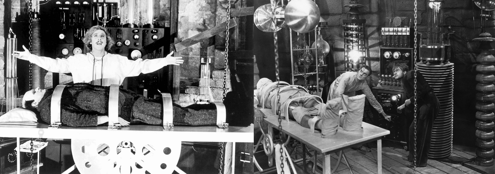 Two black-and-white movie scenes show scientists standing over strapped-down bodies in classic laboratory settings filled with electrical equipment, evoking a Frankenstein-like atmosphere.