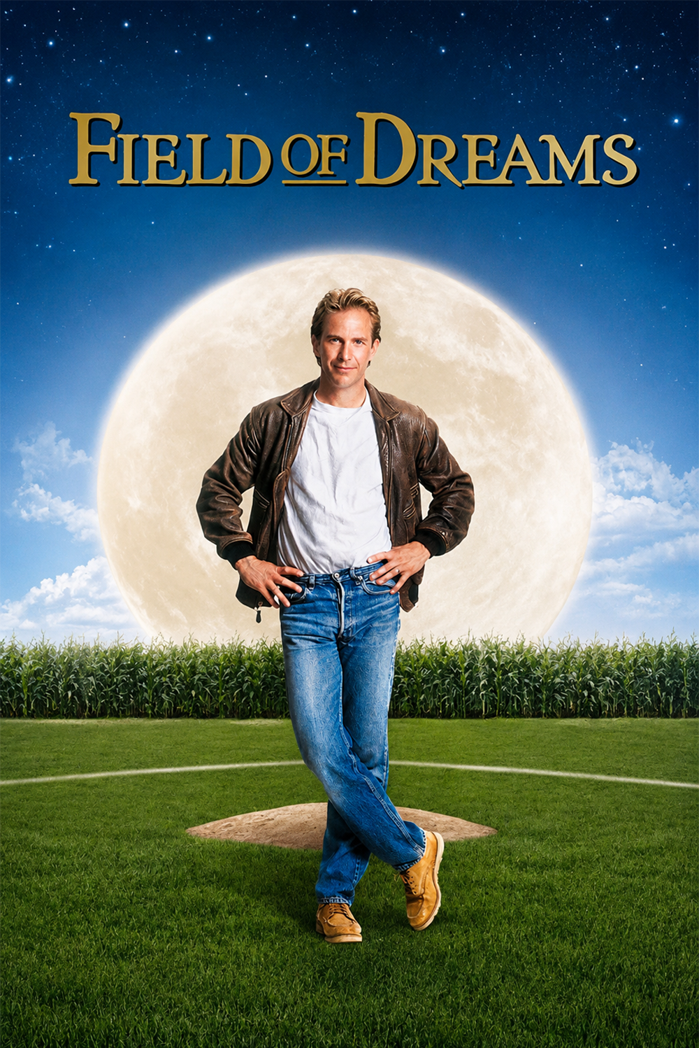 A man in jeans and a leather jacket stands on a baseball field with a cornfield and large full moon behind him. The text “Field of Dreams” appears at the top against a starry sky.