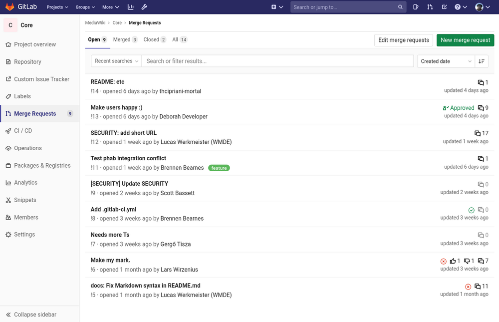 Screenshot of a GitLab Merge Requests page showing a list of merge requests, their statuses, authors, and approval counts. A green “New merge request” button is visible in the top right corner.