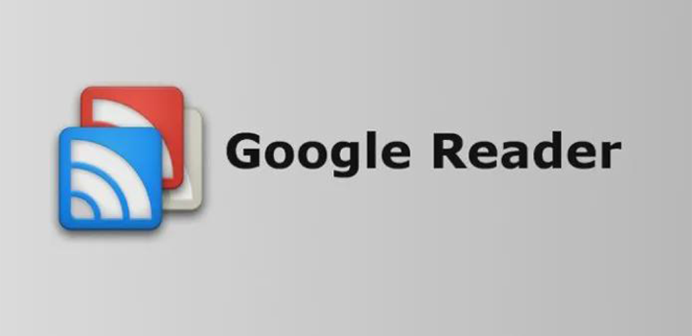 Google Reader logo with RSS icons stacked on the left and the words “Google Reader” in black text on a gray gradient background.