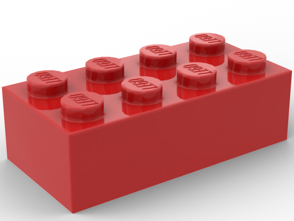 A red plastic toy brick with eight round studs on top, commonly used in building block sets.