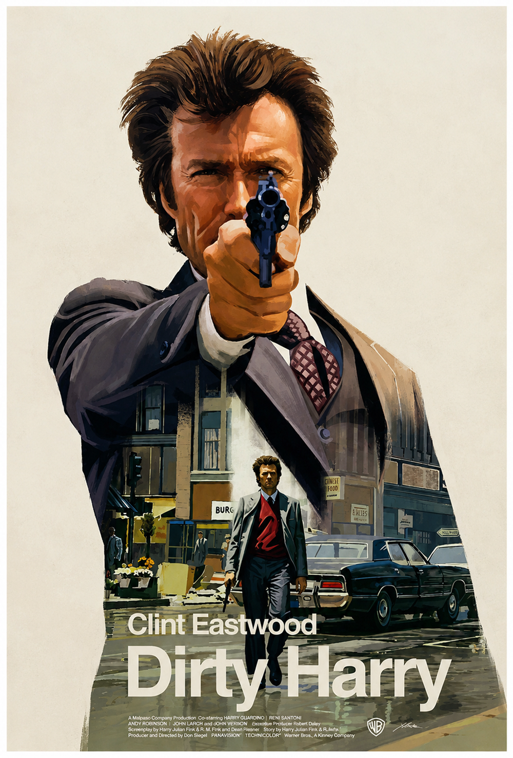 Poster for “Dirty Harry” showing a man in a suit pointing a gun directly at the viewer, with a city street scene and the same man walking below; text reads “Clint Eastwood Dirty Harry.”